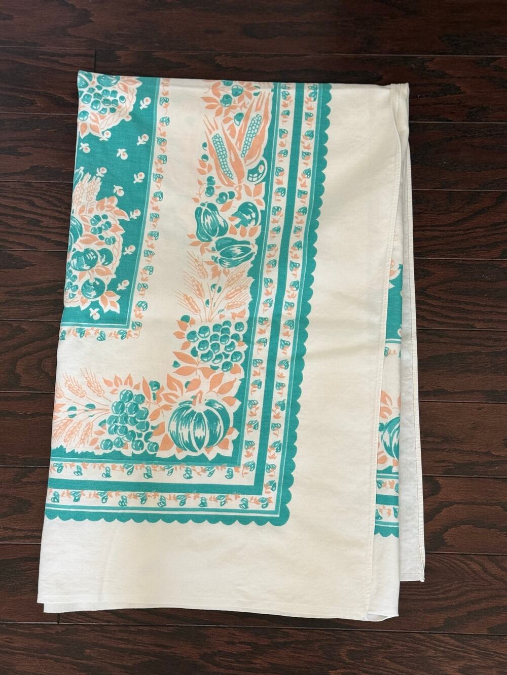 Vintage Cotton Tablecloth Teal Coral Harvest Pumpkin Corn 47x61 Mid Century